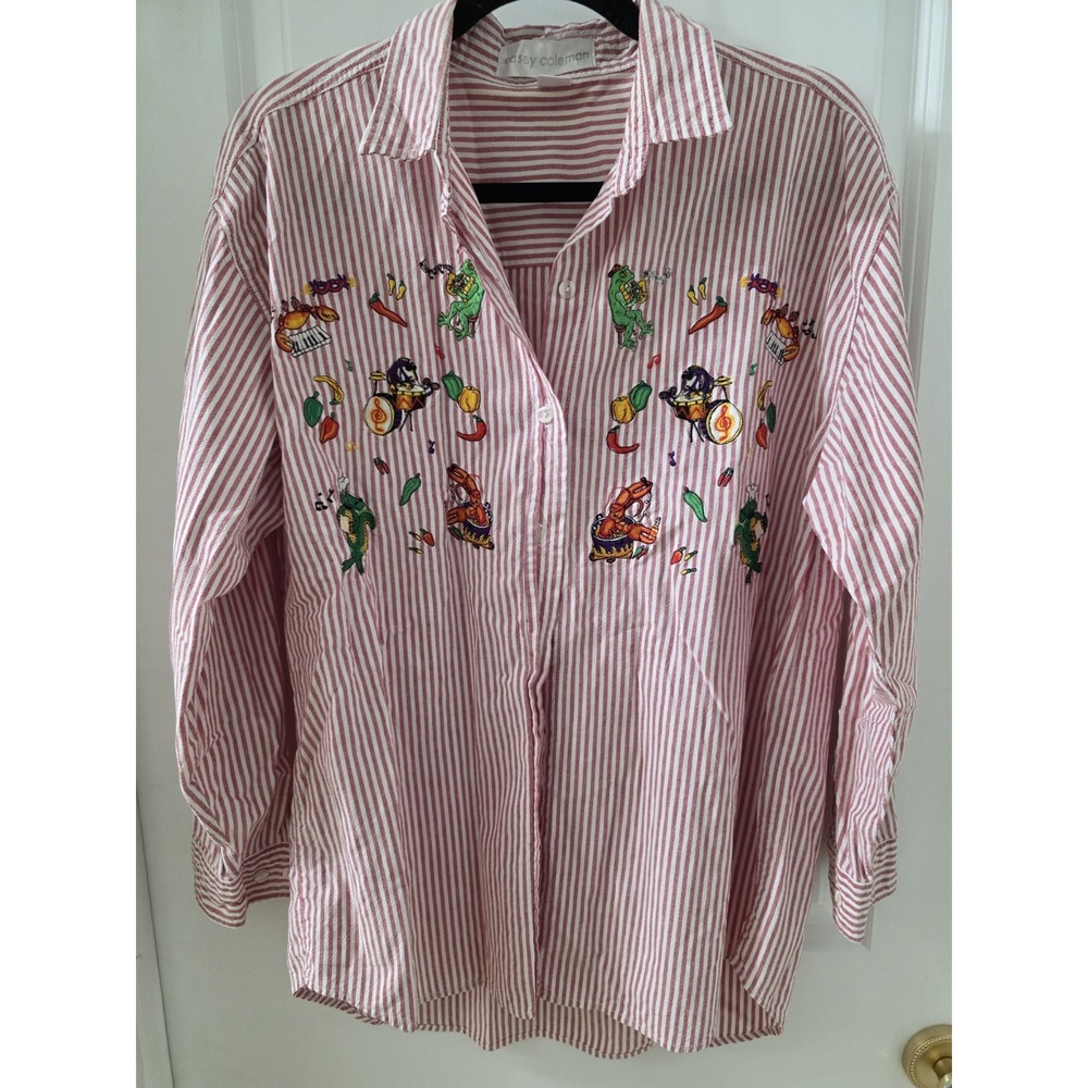 Vintage Casey Coleman Cajun Zydeco Crawfish Band Embroidered Striped Shirt